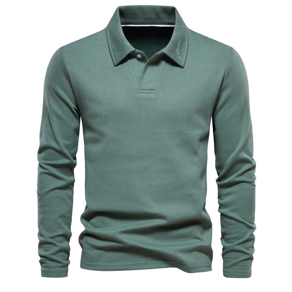 Men's long-sleeved polo shirt with open V-neck, slim fit and tone-on-tone collar embroidery Mune Fashion