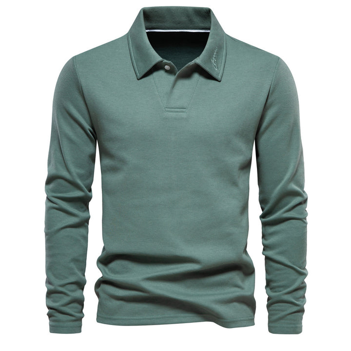 Men's long-sleeved polo shirt with open V-neck, slim fit and tone-on-tone collar embroidery Mune Fashion