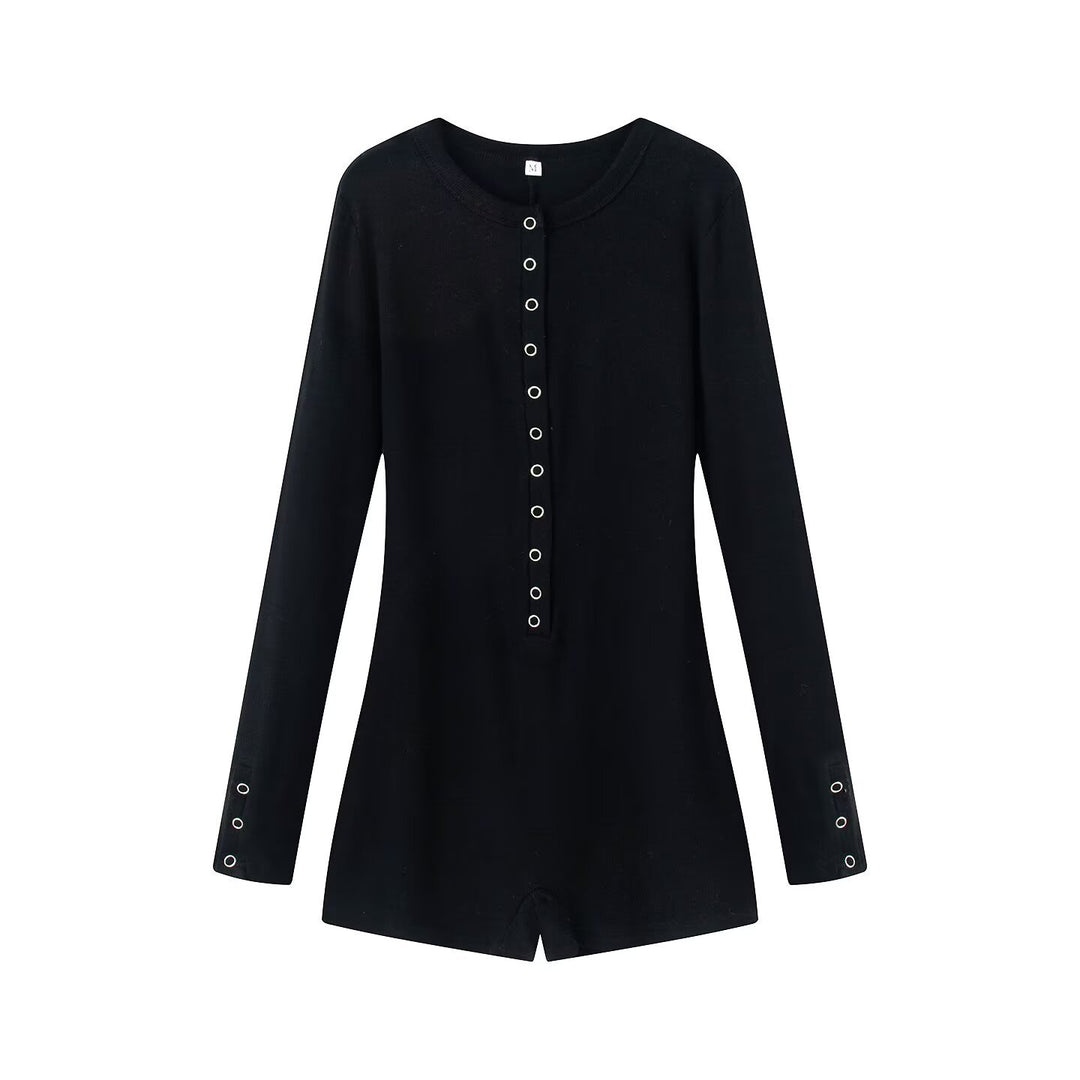 Women's Lightweight Rib Knit Jumpsuit with Henley Button Placket and Snap Button Stepping Mune Fashion