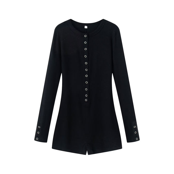 Women's Lightweight Rib Knit Jumpsuit with Henley Button Placket and Snap Button Stepping Mune Fashion