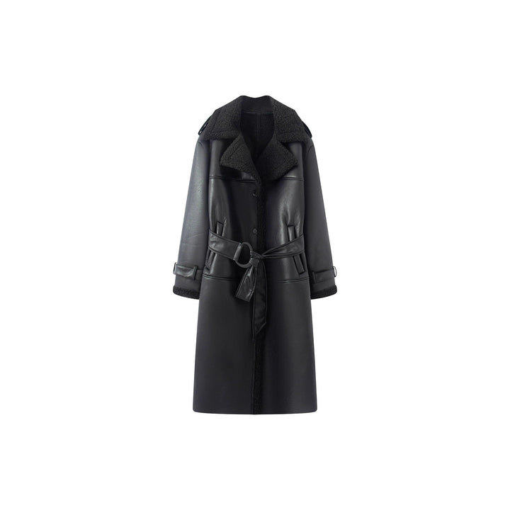Women's long faux leather coat with teddy lining and belted waist Mune Fashion