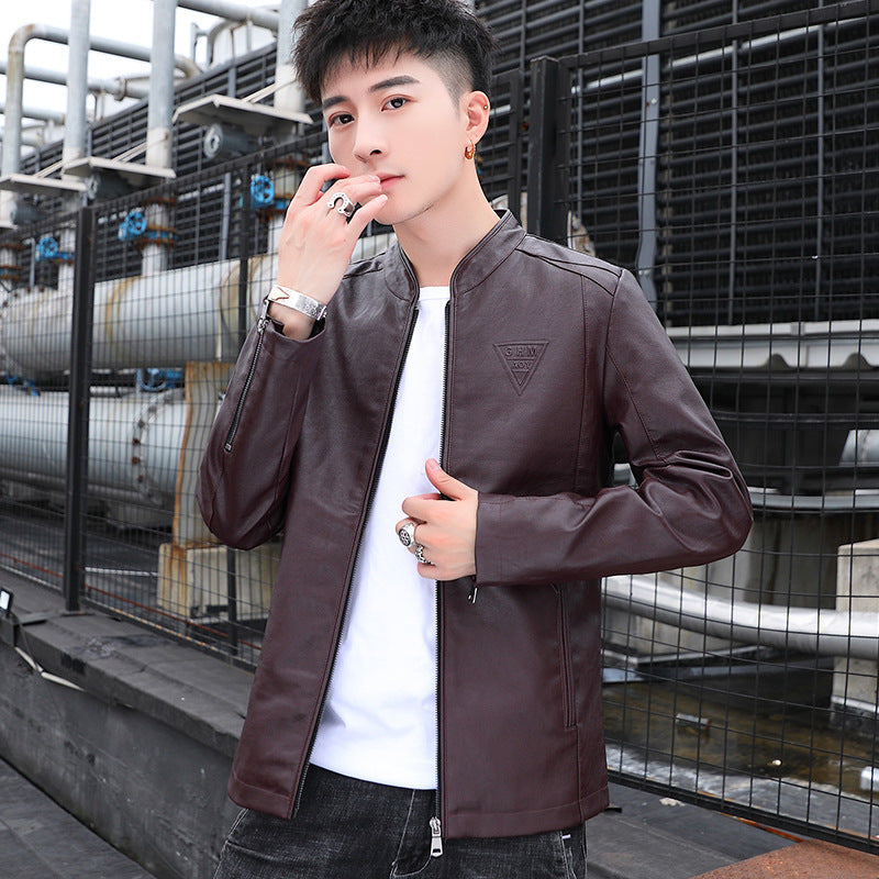 Men's Slim Faux Leather Moto Blouson with Stand Collar and Zipper Sleeves Mune Fashion