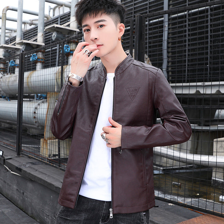 Men's Slim Faux Leather Moto Blouson with Stand Collar and Zipper Sleeves Mune Fashion