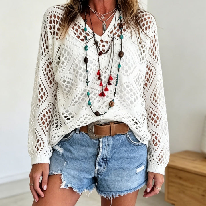 Women’s chunky knit crochet jumper with open stitches and V-neck Mune Fashion