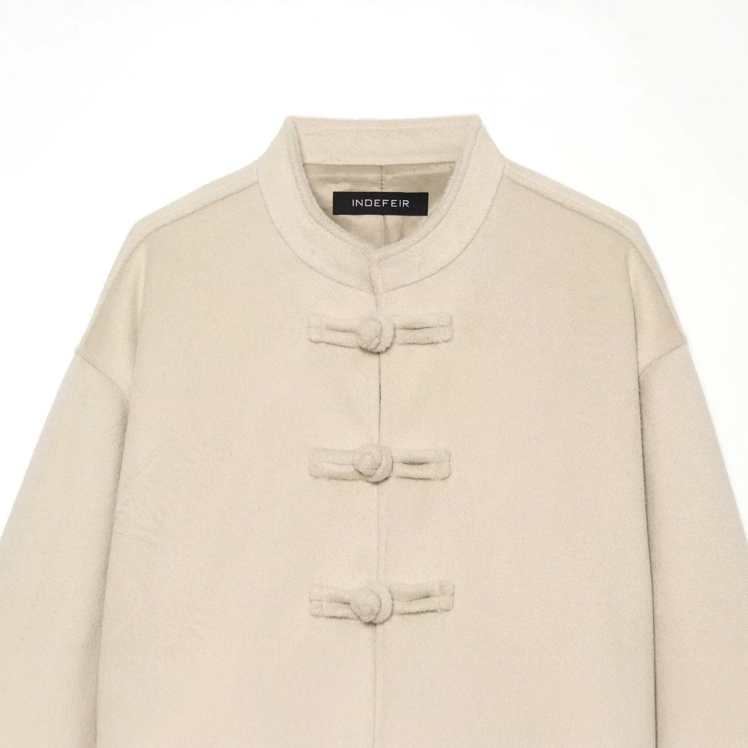 Women's Short Teddy Jacket with Mandarin Collar and Decorative Knot Closures Drune