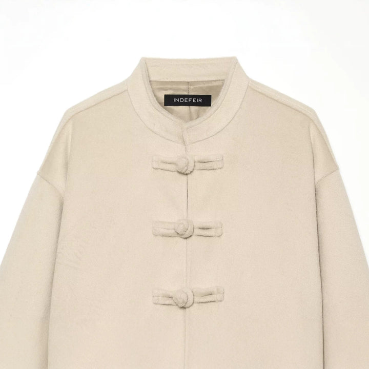 Women's Short Teddy Jacket with Mandarin Collar and Decorative Knot Closures Drune