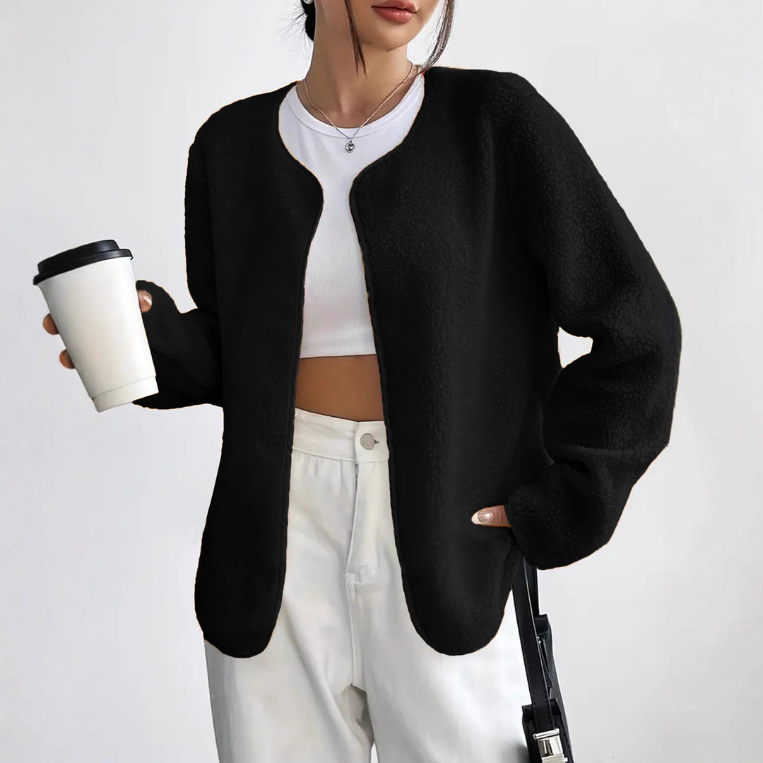 Women's Short Jacket Teddy Fleece Cardigan without Closure with Round Neck Drune