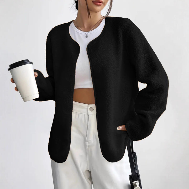 Women's Short Jacket Teddy Fleece Cardigan without Closure with Round Neck Drune