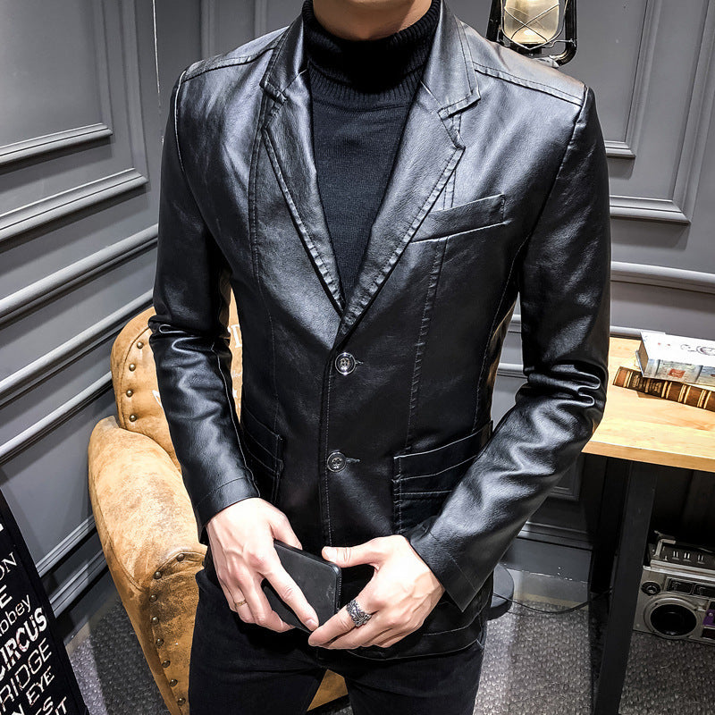 Men's Leather Blazer in Slim Fit with Notch Lapel and Two-Button Front Mune Fashion