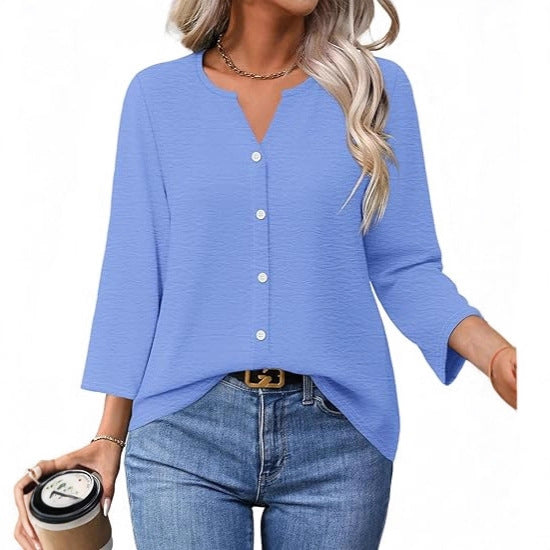 Ladies Light V-Neck Blouse Jacket with 3/4 Sleeves, Curved Hem and Continuous Button Placket Mune Fashion