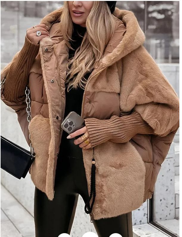 Women's Quilted Oversized Parka with Faux Fur Trim, Hood and Ribbed Cuffs Mune Fashion