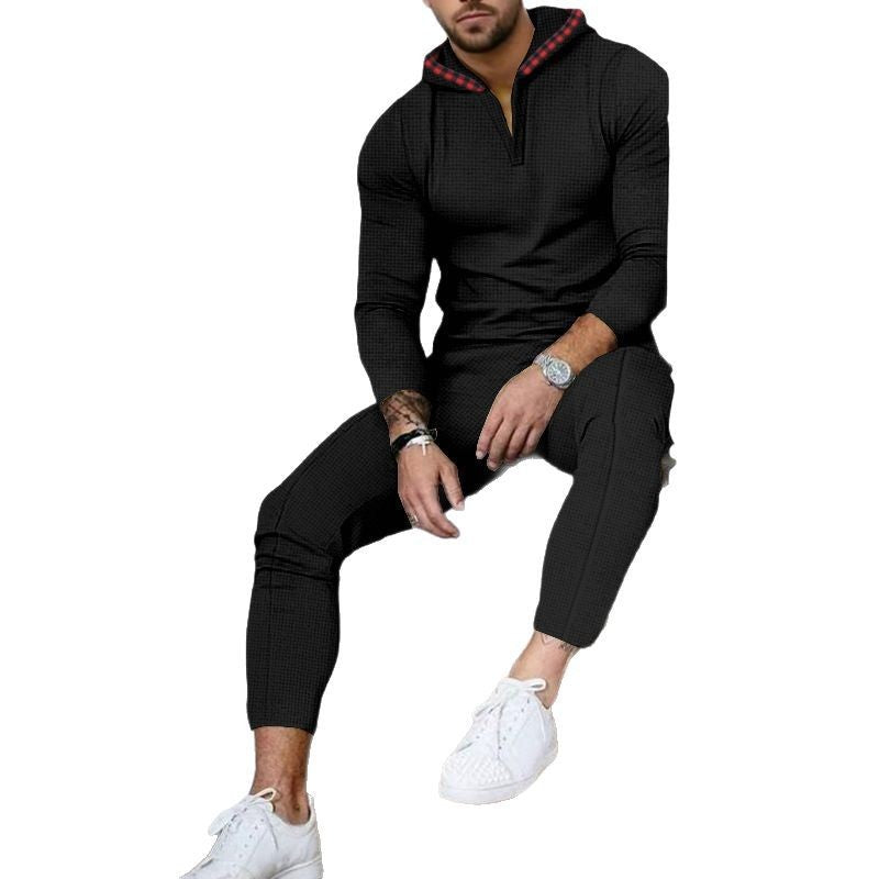 Men's Nano Slim-Fit Waffle Knit Hoodie Set with Half Zip, Contrast Lined Hood and Tapered Jogging Pants Mune Fashion