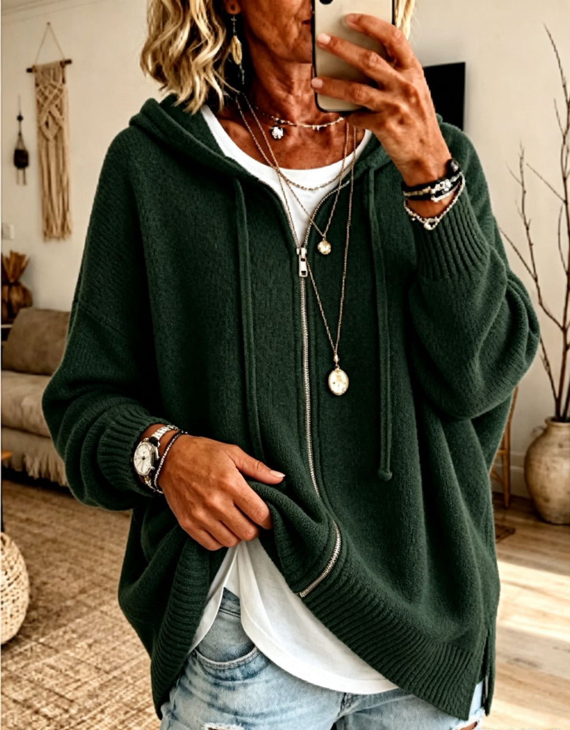 Women's Oversize Hooded Zip Cardigan made of soft fine knit Mune Fashion