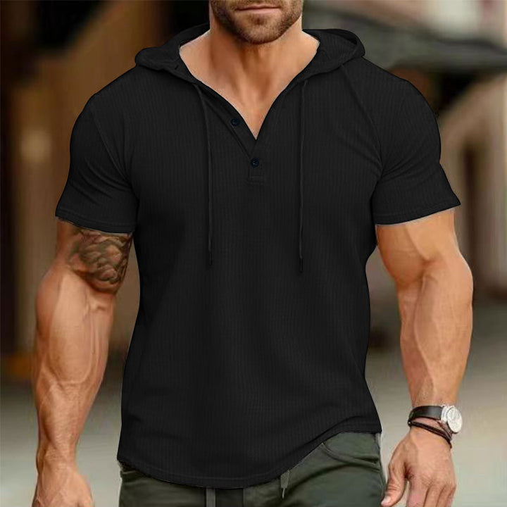 Men's short sleeve hooded polo with three-button placket and fine structured jersey Mune Fashion