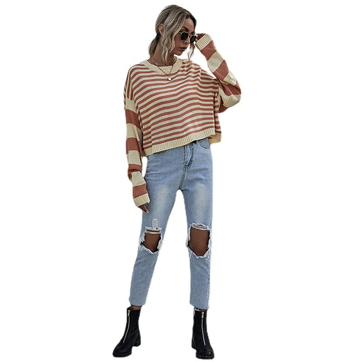 Women Striped Oversize Cropped Knit Sweater with Raglan Sleeves and Ribbed Trimmings Mune Fashion
