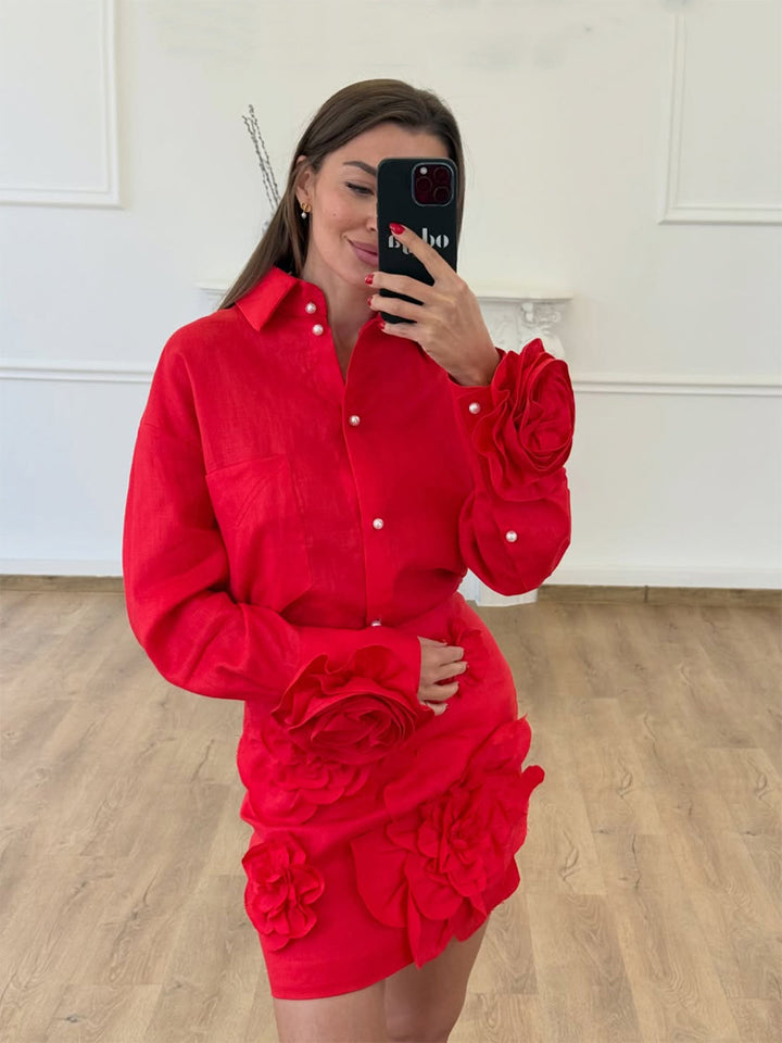 Women's Shirt Blouse-Mini Skirt Set with Voluminous 3D Rose Appliqués and Pearl Details Mune Fashion