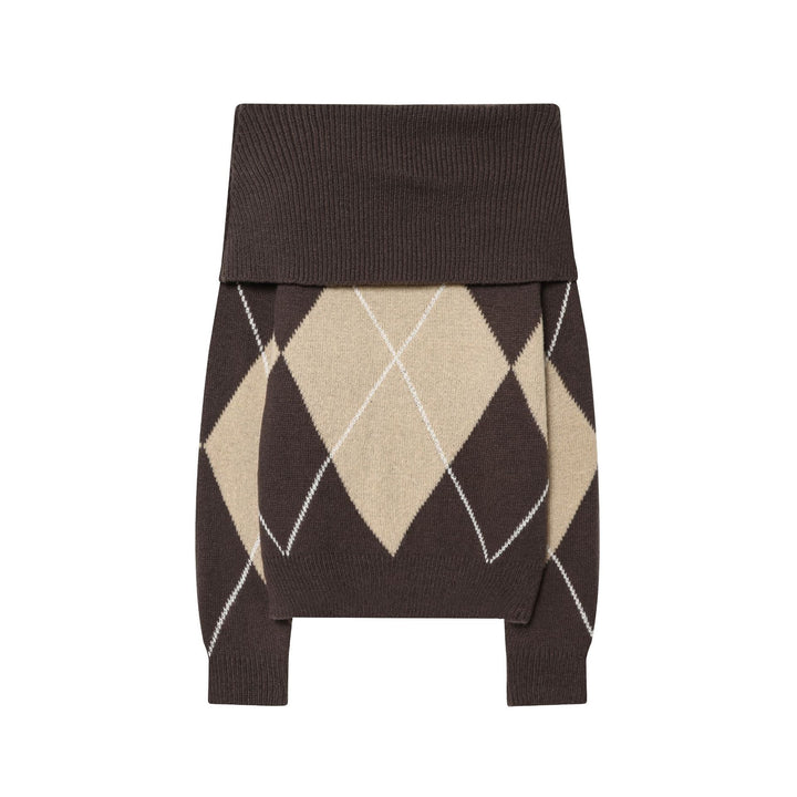 Women's roll neck sweater with argyle structure, extra long ribbed collar and relaxed silhouette Mune Fashion
