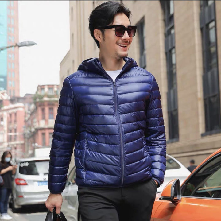 Men's ultralight quilted hooded jacket with wind-resistant shell and compact packing function Mune Fashion