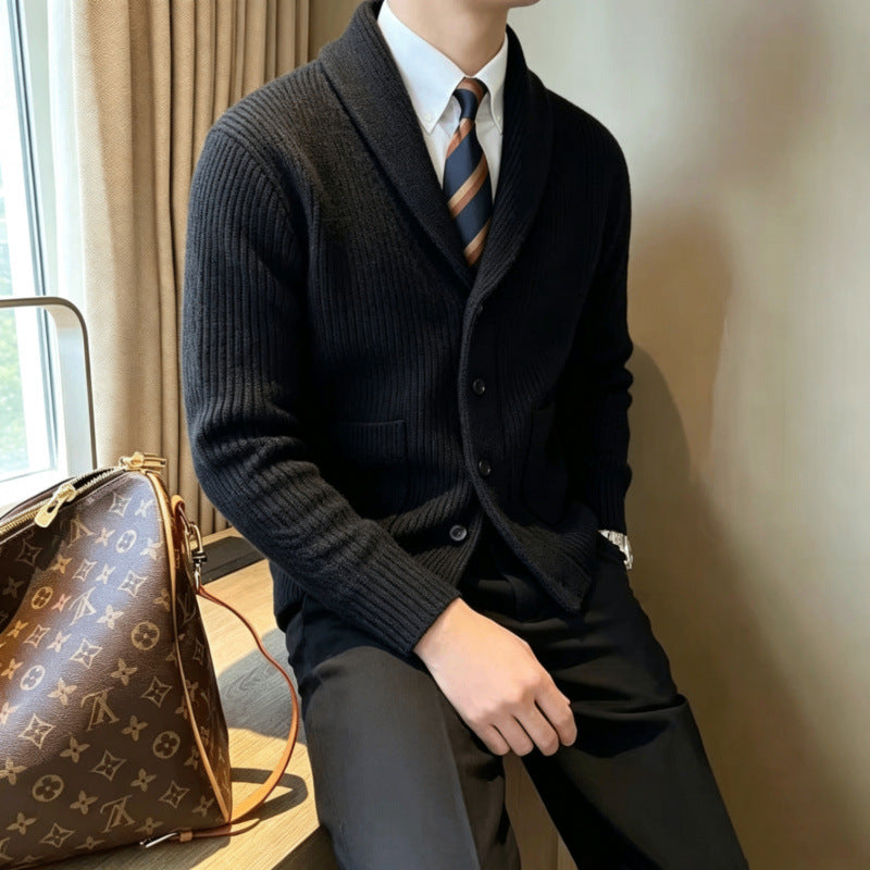 Men's shawl collar knitted cardigan with ribbed texture, button placket, and patch pockets Mune Fashion