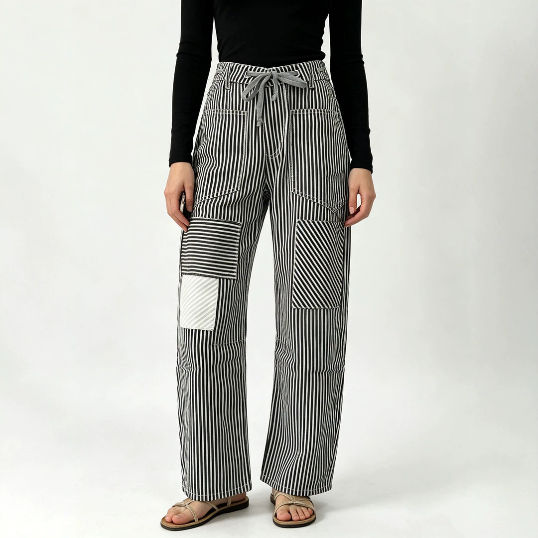Women nan High-Waist Relaxed Pants with vertical stripe pattern, patch knee patches and drawstring Mune Fashion
