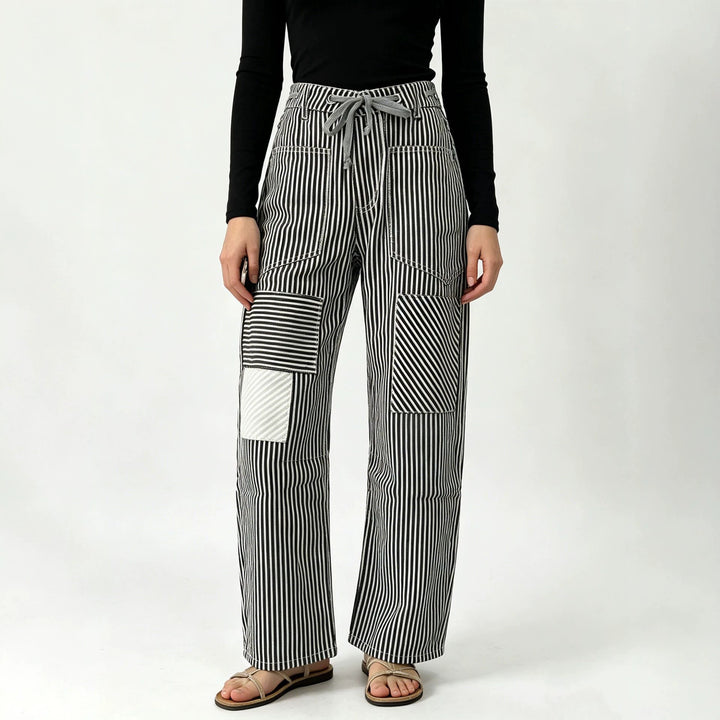 Women nan High-Waist Relaxed Pants with vertical stripe pattern, patch knee patches and drawstring Mune Fashion