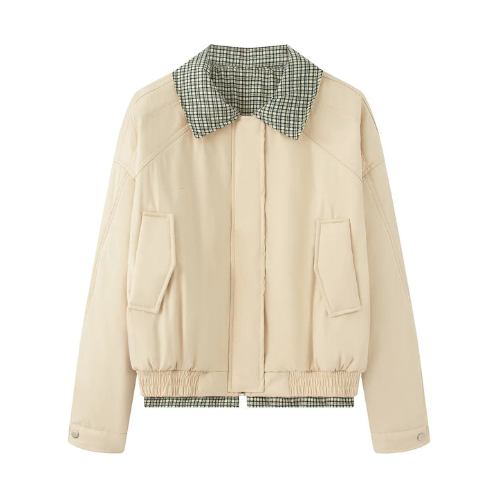 Women's short cut bomber jacket with checked lining, concealed front placket and patch pockets Mune Fashion