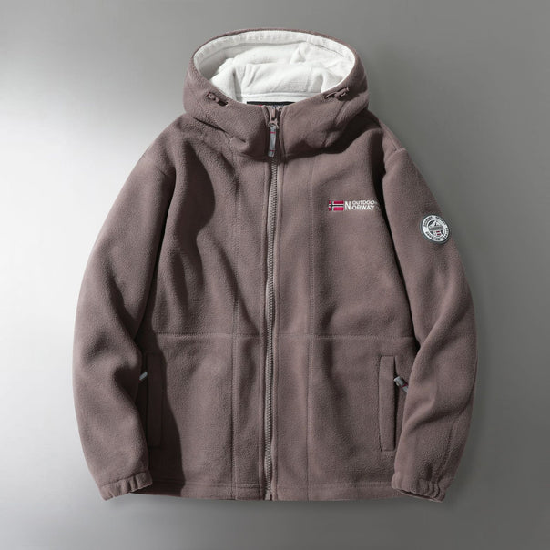 Men's microfleece outdoor jacket with hood, wind-resistant structure and logo patch Mune Fashion