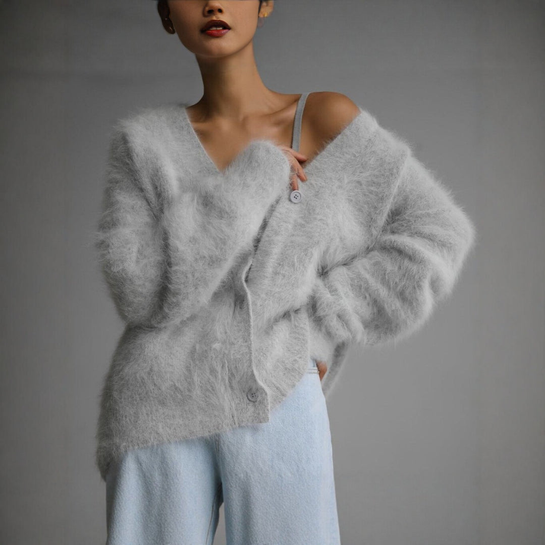 Women Fluffy Mohair-Optic Cardigan with V-Neck and Oversize Cut Mune Fashion
