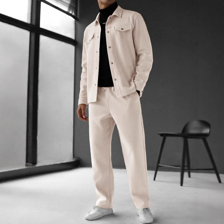 Men's two-piece overshirt and relax pants set made of soft cotton terry with snap button placket and drawstring Mune Fashion