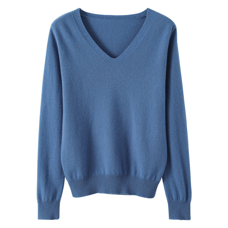 Women Soft V-Neck Cashmere Blend Sweater with Fine Ribbed Cuffs Mune Fashion