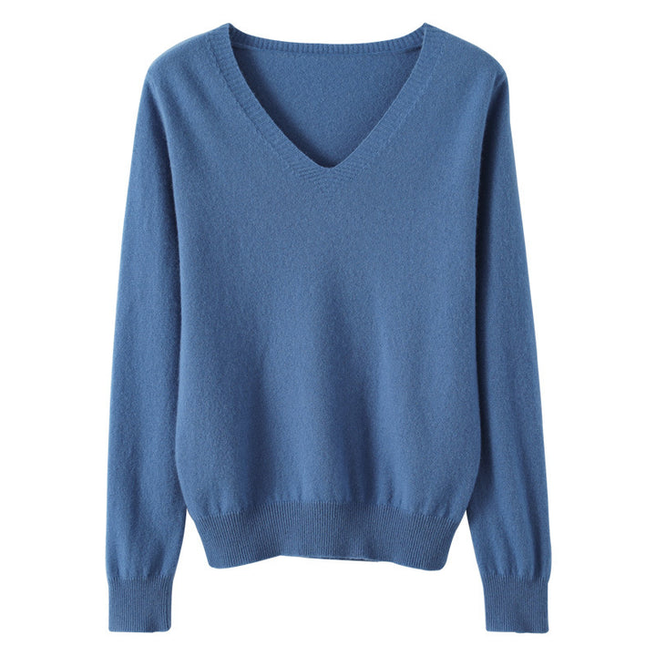 Women Soft V-Neck Cashmere Blend Sweater with Fine Ribbed Cuffs Mune Fashion
