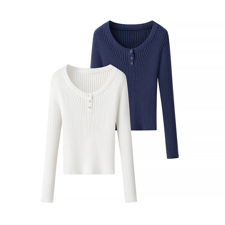 Women's Ribbed Long Sleeve Top with Deep V-Neck and Eyelet Trim Mune Fashion