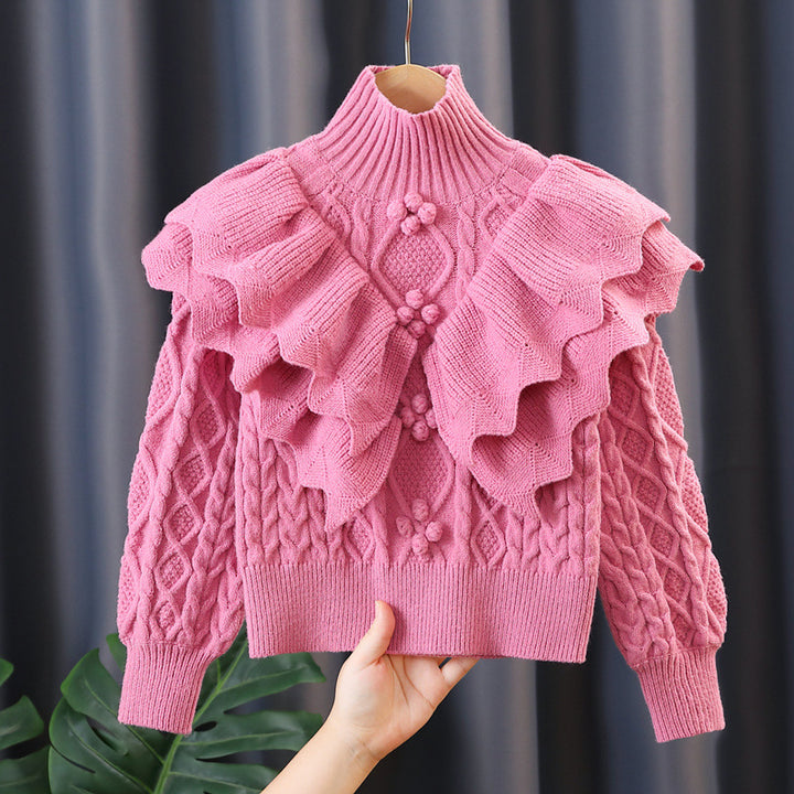 Women's Knit Sweater with Ruffles and Cable Pattern Mune Fashion
