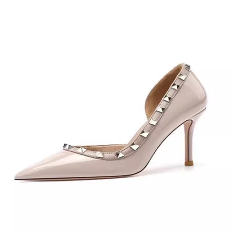 Women's Pointed Slingback Pumps made of Patent Leather with Pyramid-Shaped Studs and Slim Stiletto Mune Fashion