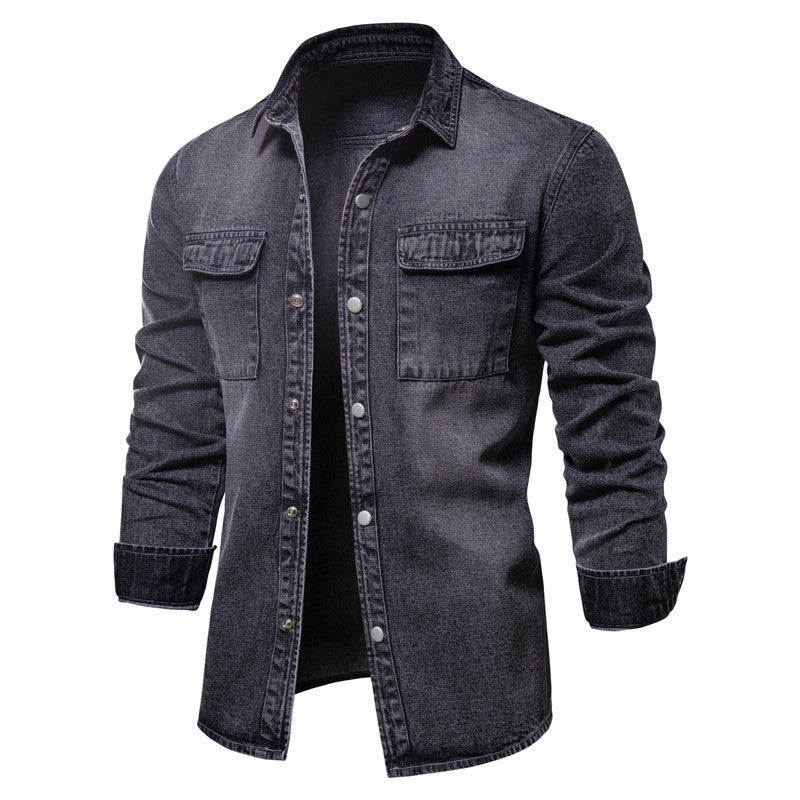 Men's casual jeans overshirt with snap button placket, patch chest pockets, and classic shirt collar Mune Fashion
