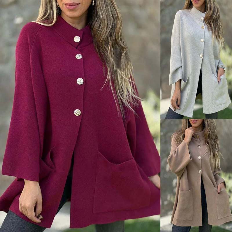 Women's Oversize Cape Cardigan with Stand-Up Collar, Patch Pockets, and Decorative Buttons Mune Fashion