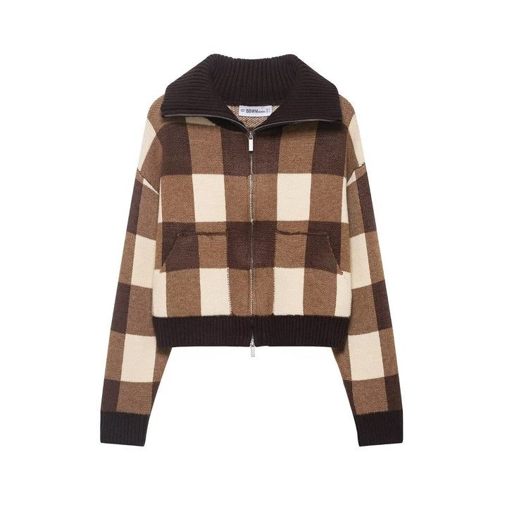 Women Checkered Knitted Cropped Cardigan with Zipper and Wide Ribbed Collar Mune Fashion