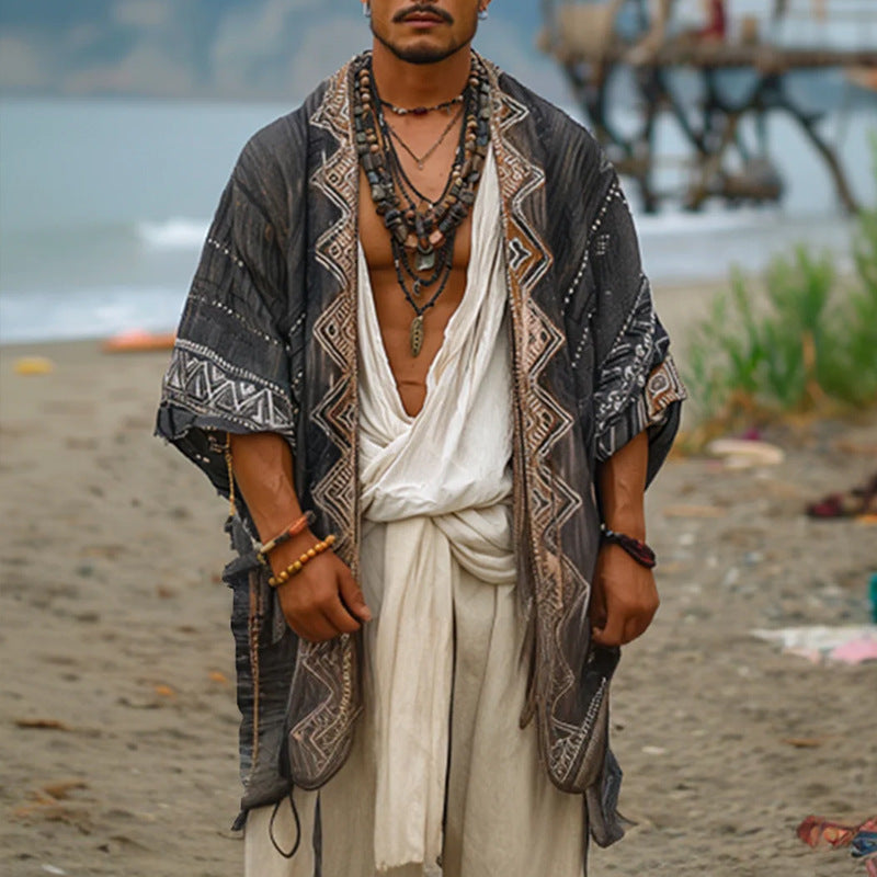 Men's Lightweight Boho Kimono Coat with Ethno Embroidery Mune Fashion