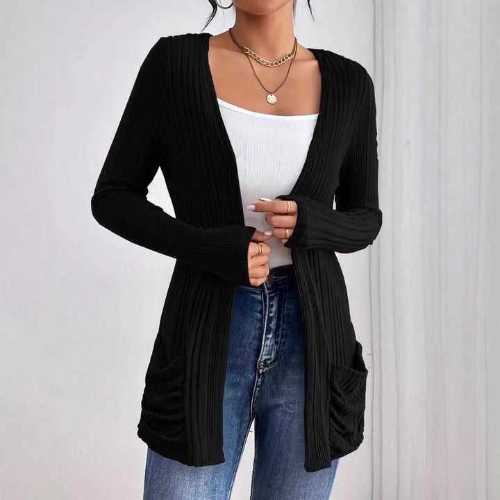 Women Ribbed Long Cardigan with Open Front, Pockets and Relaxed Fit Drune