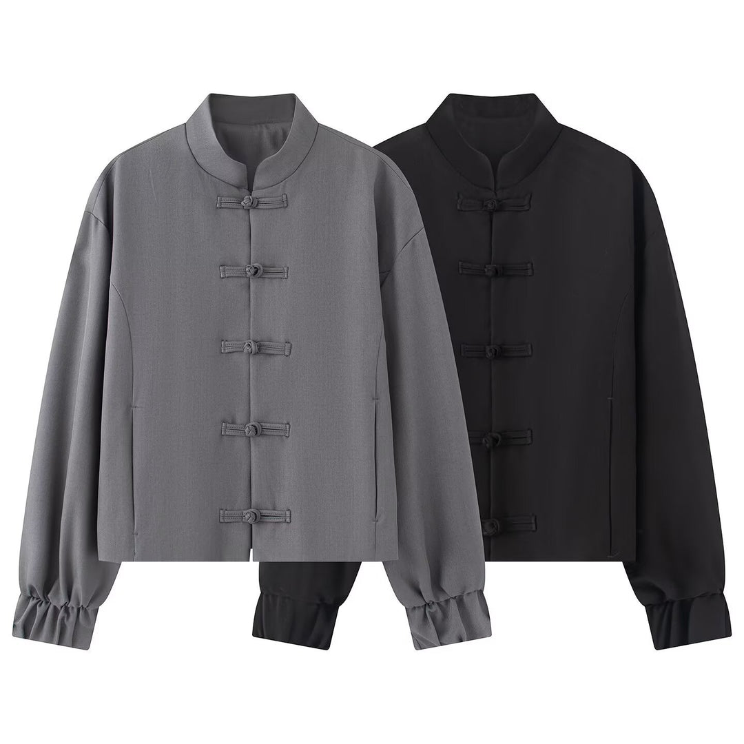 Women's Short Boxy Jacket with Stand Collar and Knot Closure Details Mune Fashion