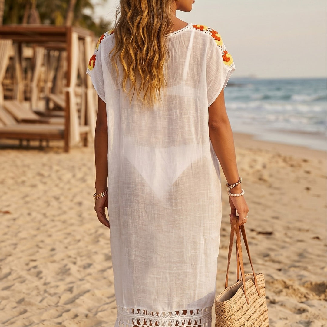 Women's airy crochet beach cover-up with fringed embellishments Mune Fashion