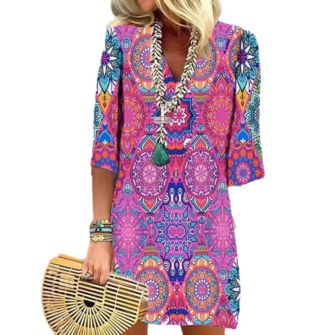 Women's short Boho beach dress in mandala print with V-neck, three-quarter sleeves, and casual A-line Mune Fashion