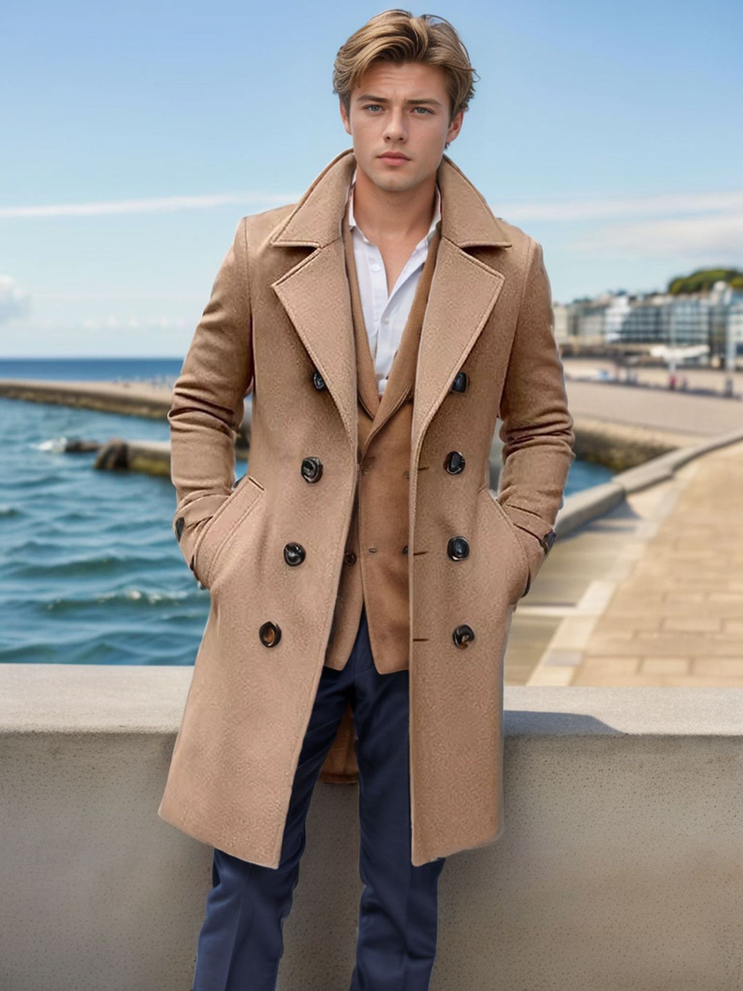 Men's Elegant Single-Breasted Long Coat Made of Wool Blend with Slim Silhouette and Lapel Collar Mune Fashion