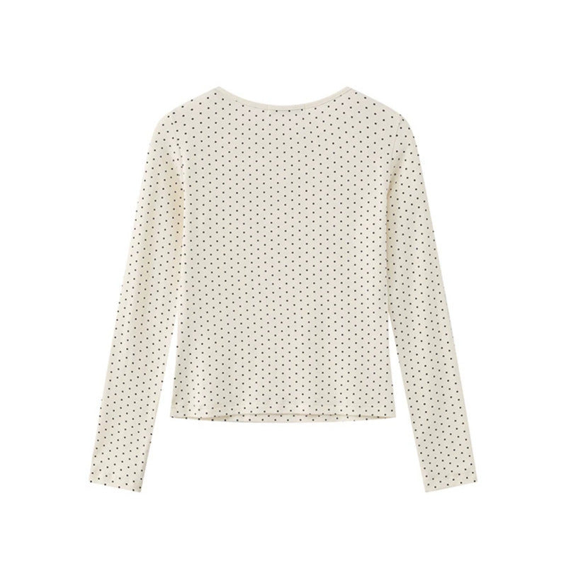Women's long sleeve shirt made of soft cotton jersey with polka dot pattern and decorative knot on top