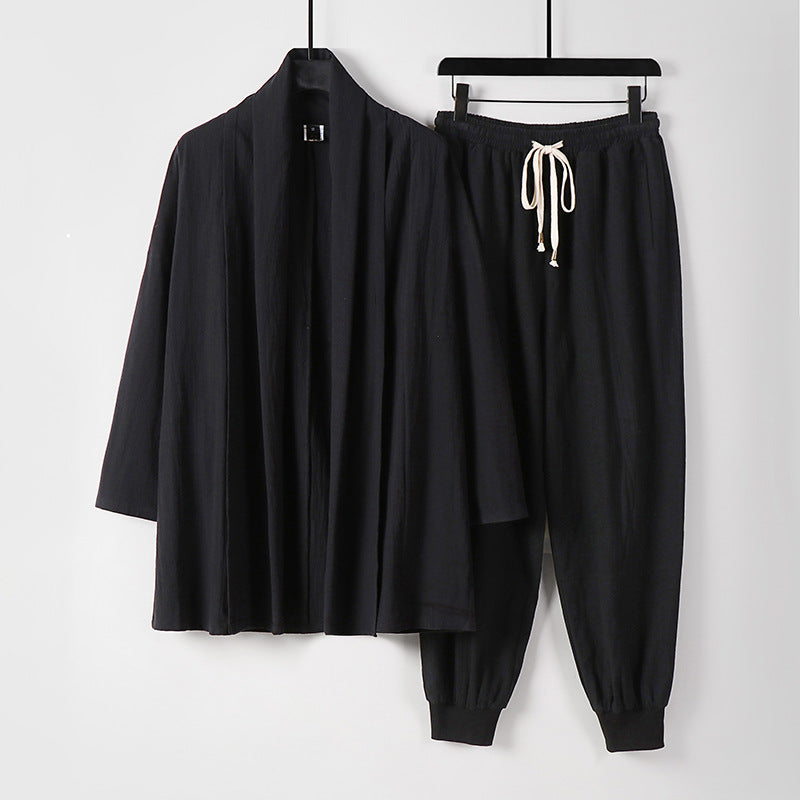 Unisex Airy Leisure Set in Kimono Style with Shawl Collar Jacket and Tapered Jogger Pants Mune Fashion