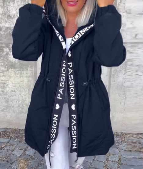 Women's Hooded Parka with Drawstring Waist and Logo Band Zipper Mune Fashion