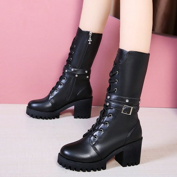 Women nano mid-height lace-up boots with tread sole, block heel and decorative strap Mune Fashion