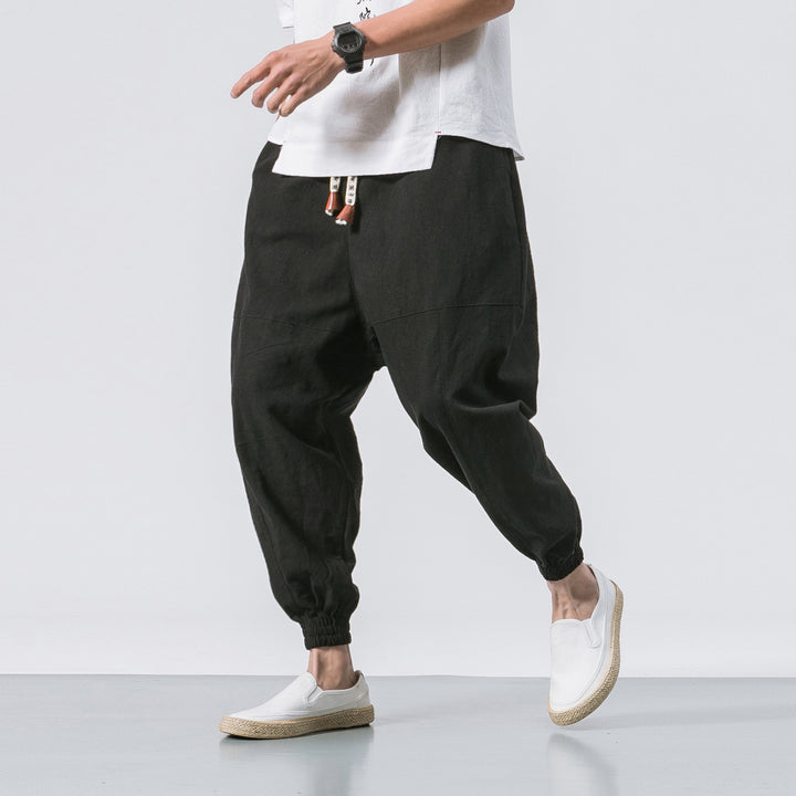 Men's relaxed fit linen joggers with drawstring, inset knee panels, and elastic cuffs Mune Fashion