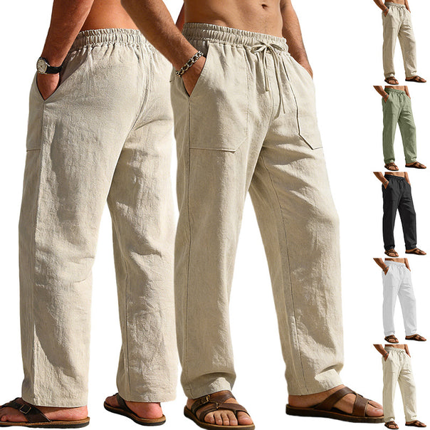 Men's wide Relaxed pants made of linen blend with drawstring waistband and patch leg pockets Mune Fashion