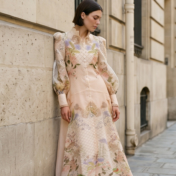 Women's maxi dress with floral print, button placket and voluminous puff sleeves Mune Fashion